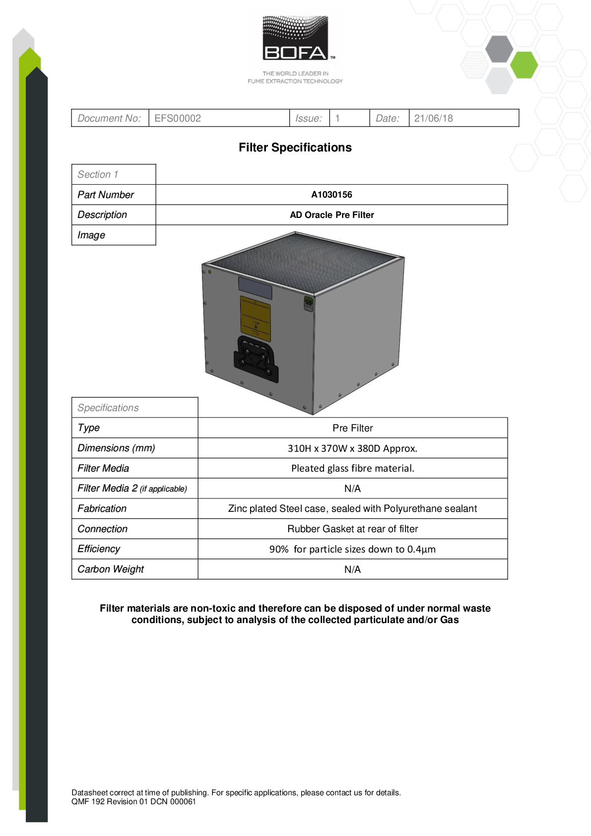 AD ORACLE DEEPPLEAT DUO PRE FILTER Datasheet