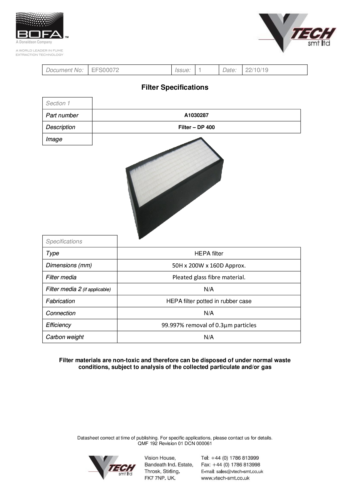 DUSTPRO 400 HEPA FILTER Datasheet
