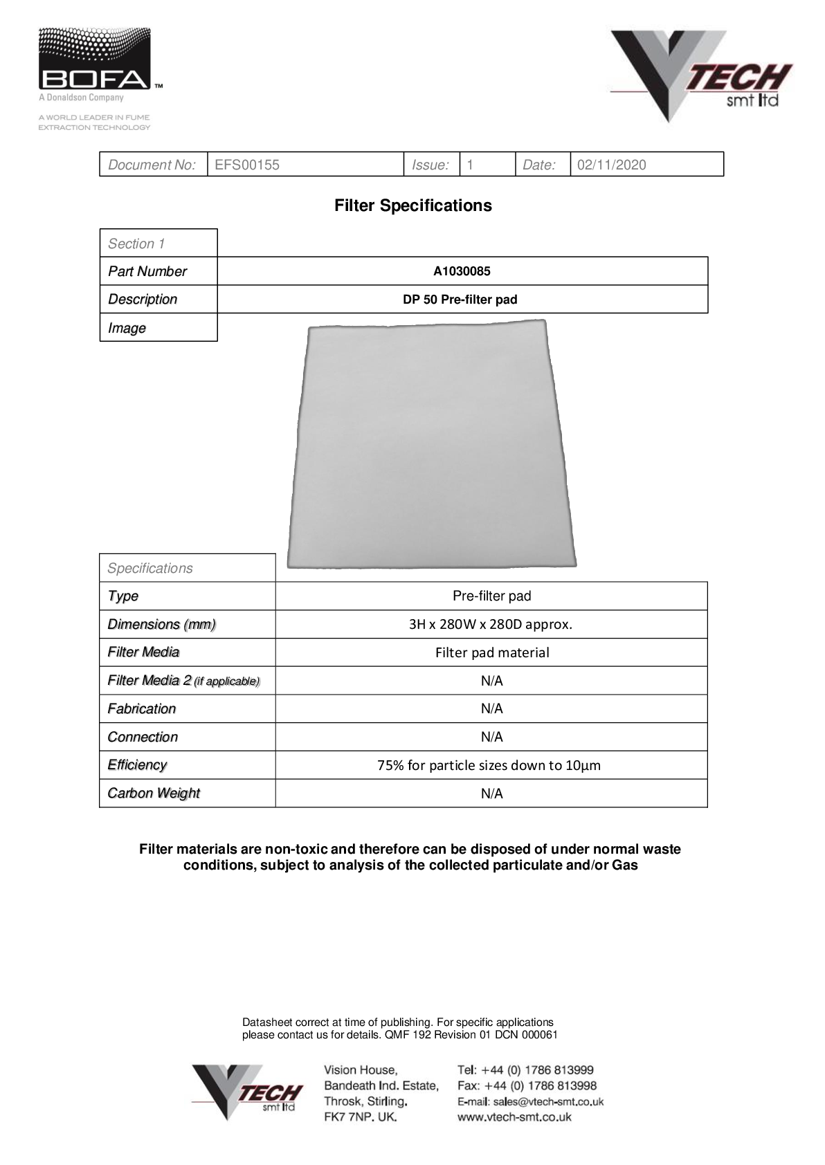 DUSTPRO 50 PRE FILTER PAD Datasheet
