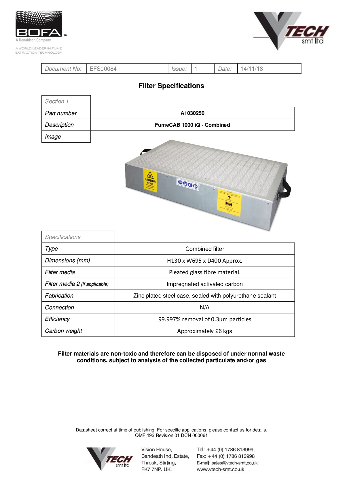 FUMECAB 1000 IQ COMBINED FILTER Datasheet