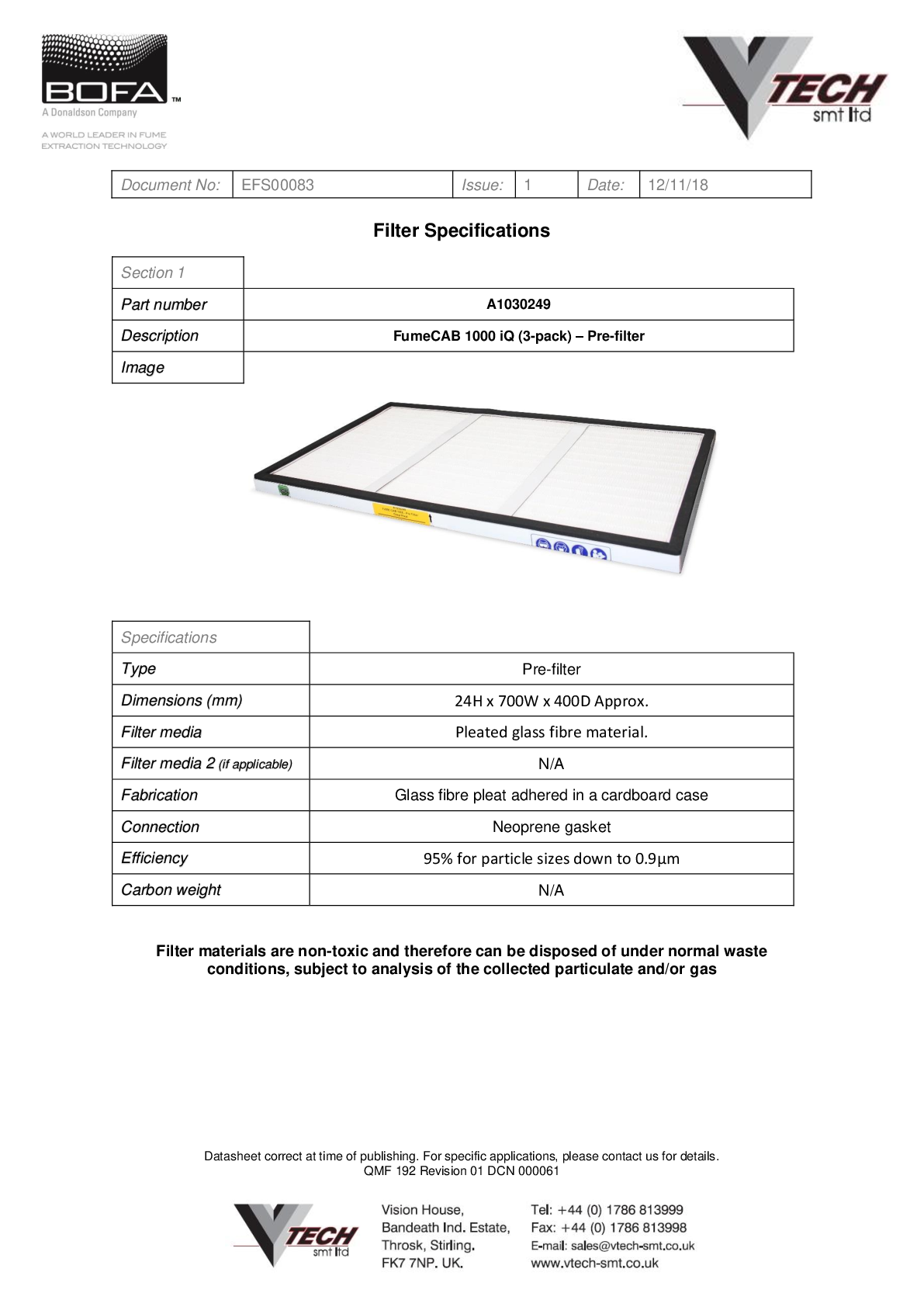 FUMECAB 1000 IQ PRE FILTER Datasheet