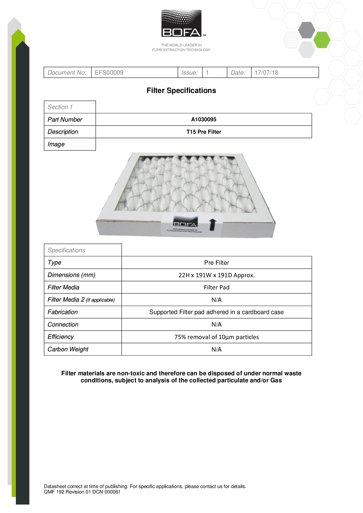 T15 PRE FILTER Datasheet